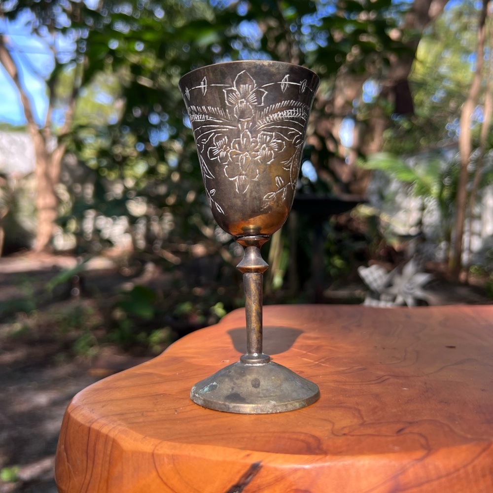 Unique Vintage Brass Goblet with Floral Design view all pictures